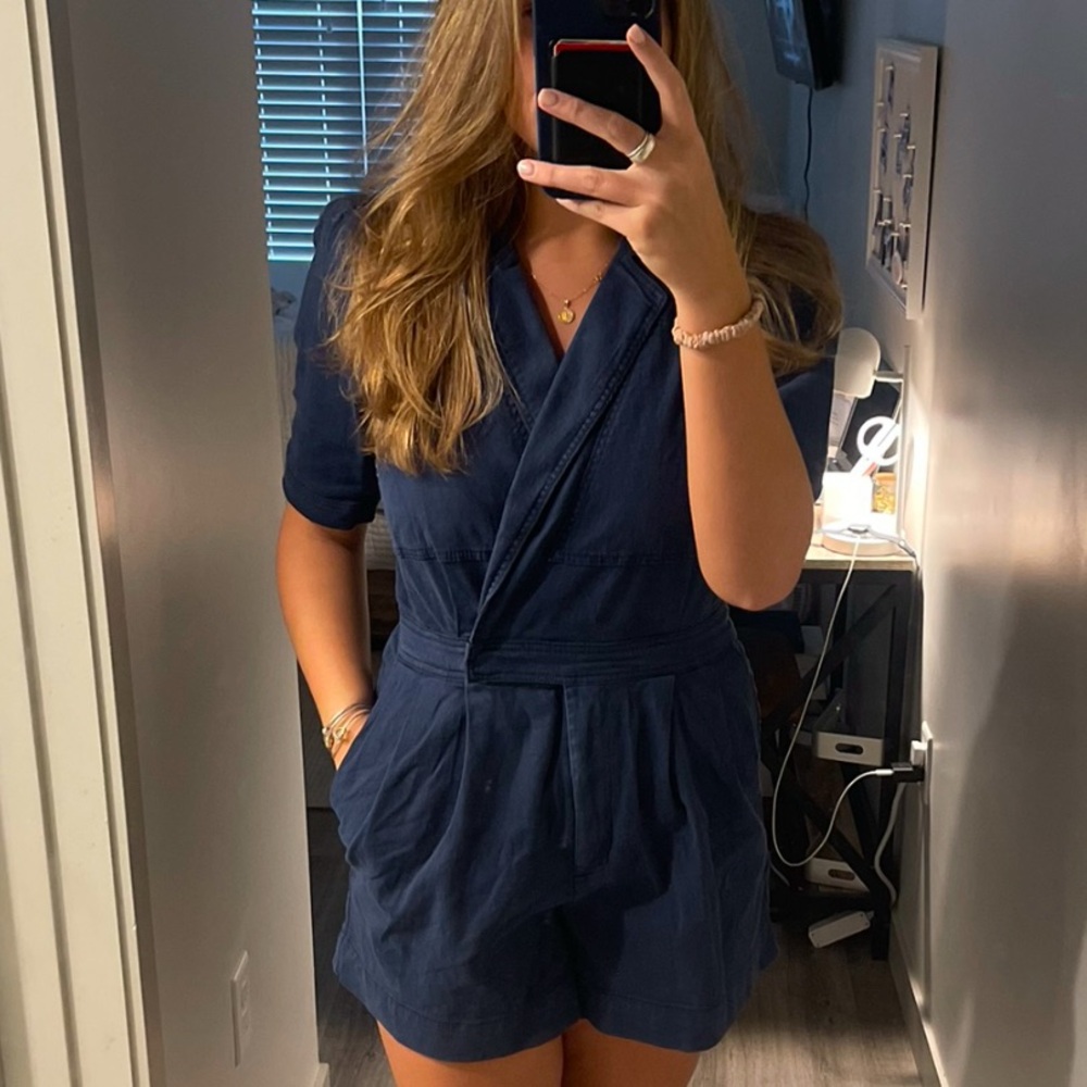 Day + moon (pants store) navy blue denim romper